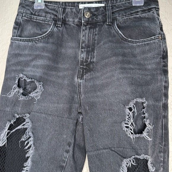Zara High Rise Black Distressed Fishnet frayed hem Jeans Goth Grunge - Picture 7 of 14